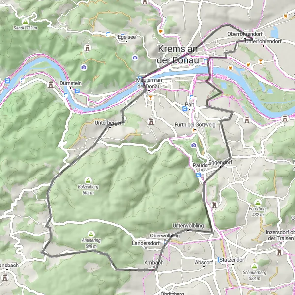 Miniaturekort af cykelinspirationen "Landevejscykeltur til Mautern an der Donau" i Niederösterreich, Austria. Genereret af Tarmacs.app cykelruteplanlægger