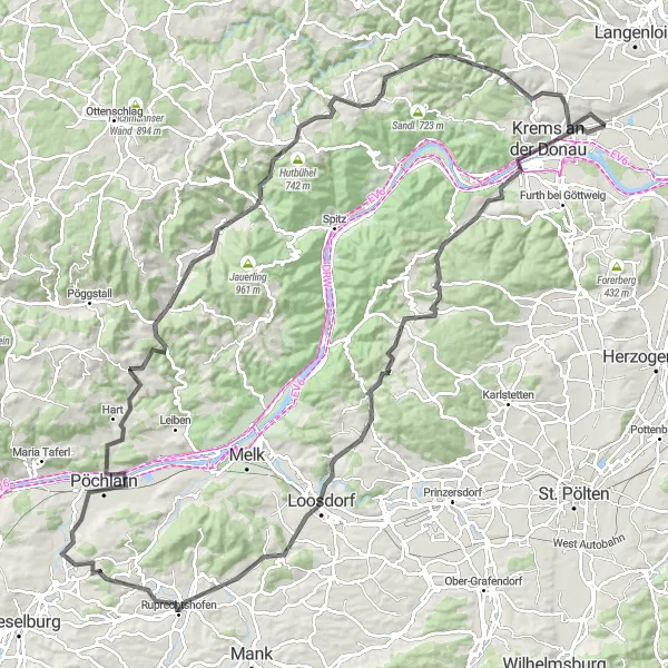 Kartminiatyr av "Eventyr i Wachau-dalen" sykkelinspirasjon i Niederösterreich, Austria. Generert av Tarmacs.app sykkelrutoplanlegger