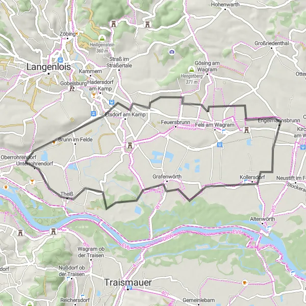 Miniaturní mapa "Silniční Cyklotrasa okolo Krems" inspirace pro cyklisty v oblasti Niederösterreich, Austria. Vytvořeno pomocí plánovače tras Tarmacs.app