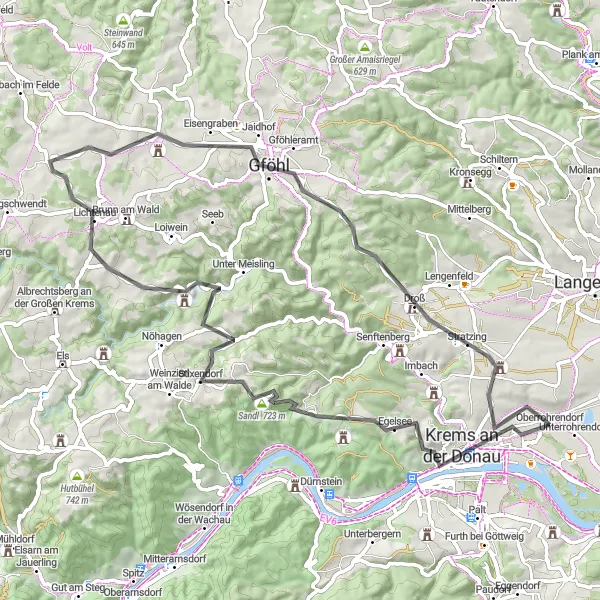 Kartminiatyr av "Fra Krems til Steinberg på landeveien" sykkelinspirasjon i Niederösterreich, Austria. Generert av Tarmacs.app sykkelrutoplanlegger