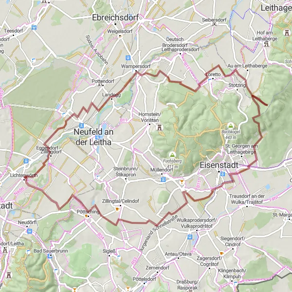 Miniatua del mapa de inspiración ciclista "Ruta de las Colinas Leithagebirge" en Niederösterreich, Austria. Generado por Tarmacs.app planificador de rutas ciclistas