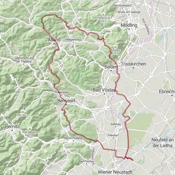 Map miniature of "Hills and Gravel" cycling inspiration in Niederösterreich, Austria. Generated by Tarmacs.app cycling route planner