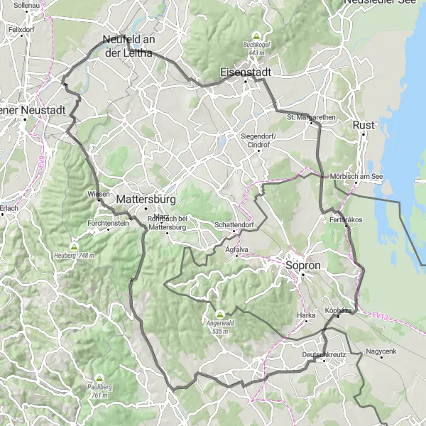 Karttaminiaatyyri "Kansainvälinen seikkailu Leithan laakson ympäri" pyöräilyinspiraatiosta alueella Niederösterreich, Austria. Luotu Tarmacs.app pyöräilyreittisuunnittelijalla