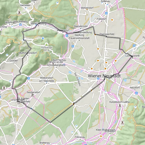 Miniatua del mapa de inspiración ciclista "Ruta corta a Wiener Neustadt" en Niederösterreich, Austria. Generado por Tarmacs.app planificador de rutas ciclistas