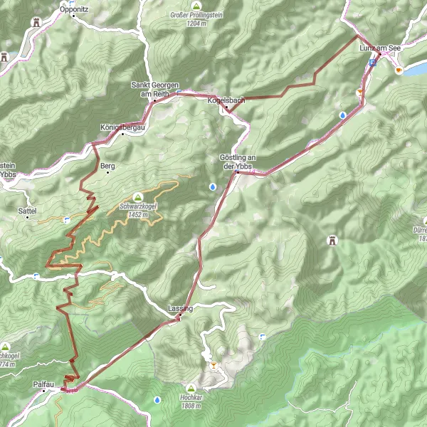 Zemljevid v pomanjšavi "Gravel pot do Königsberga" kolesarske inspiracije v Niederösterreich, Austria. Generirano z načrtovalcem kolesarskih poti Tarmacs.app