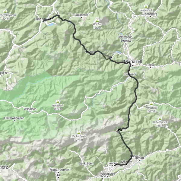 Zemljevid v pomanjšavi "Cestna avantura skozi Mariazell" kolesarske inspiracije v Niederösterreich, Austria. Generirano z načrtovalcem kolesarskih poti Tarmacs.app