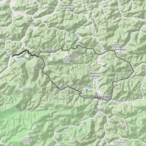 Miniaturní mapa "Okruhová cyklotrasa přes Grünau a Elferkogel" inspirace pro cyklisty v oblasti Niederösterreich, Austria. Vytvořeno pomocí plánovače tras Tarmacs.app