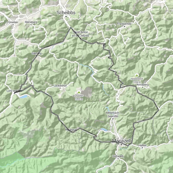 Miniatua del mapa de inspiración ciclista "Ruta de Ciclismo de Carretera Lunz am See - Mariazell" en Niederösterreich, Austria. Generado por Tarmacs.app planificador de rutas ciclistas