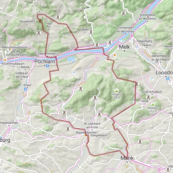 Map miniature of "St. Leonhard am Forst - Klosterberg - Pöchlarn - Weinberg - Lehen - Schallaburg - Mank" cycling inspiration in Niederösterreich, Austria. Generated by Tarmacs.app cycling route planner