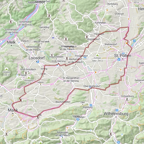 Karten-Miniaturansicht der Radinspiration "Gravel-Rundfahrt von Mank" in Niederösterreich, Austria. Erstellt vom Tarmacs.app-Routenplaner für Radtouren