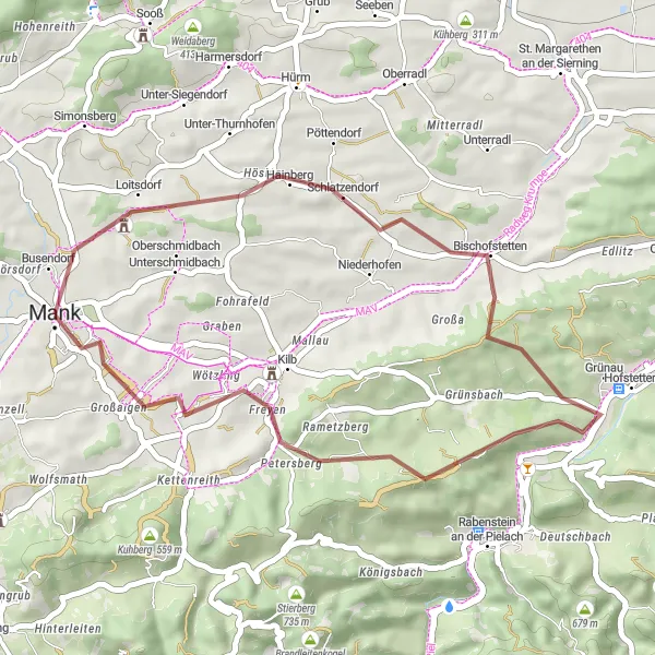 Miniatura della mappa di ispirazione al ciclismo "Giro in Gravel attraverso Bischofstetten e Kilb" nella regione di Niederösterreich, Austria. Generata da Tarmacs.app, pianificatore di rotte ciclistiche