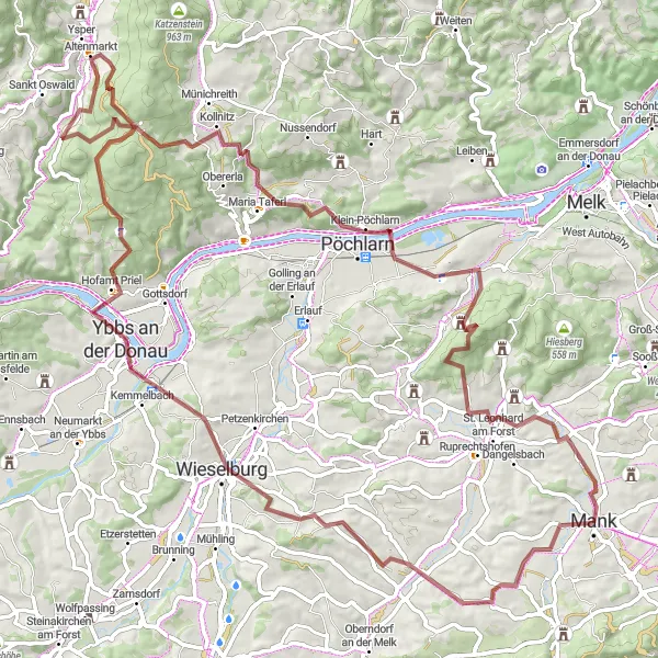 Miniatura della mappa di ispirazione al ciclismo "Giro in bicicletta da Mank" nella regione di Niederösterreich, Austria. Generata da Tarmacs.app, pianificatore di rotte ciclistiche