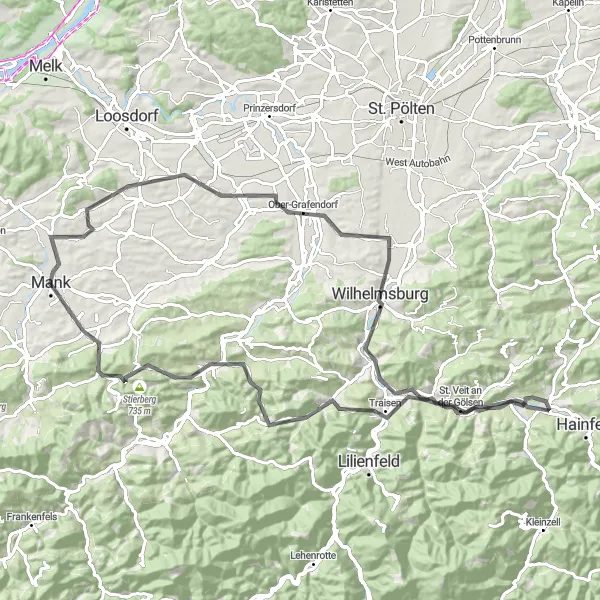 Miniatura della mappa di ispirazione al ciclismo "Giro in bicicletta Mank - Hürm - Türnauer Höhe - Fridau - Halterberg - Himberg - Traisen - Rabenstein an der Pielach - Umbachkogel - Mank" nella regione di Niederösterreich, Austria. Generata da Tarmacs.app, pianificatore di rotte ciclistiche