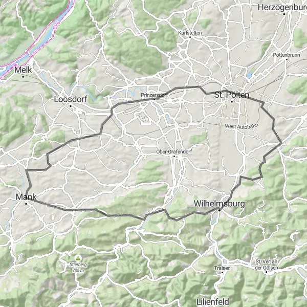 Kartminiatyr av "Mank til St. Pölten Via Schloss Ochsenburg" sykkelinspirasjon i Niederösterreich, Austria. Generert av Tarmacs.app sykkelrutoplanlegger