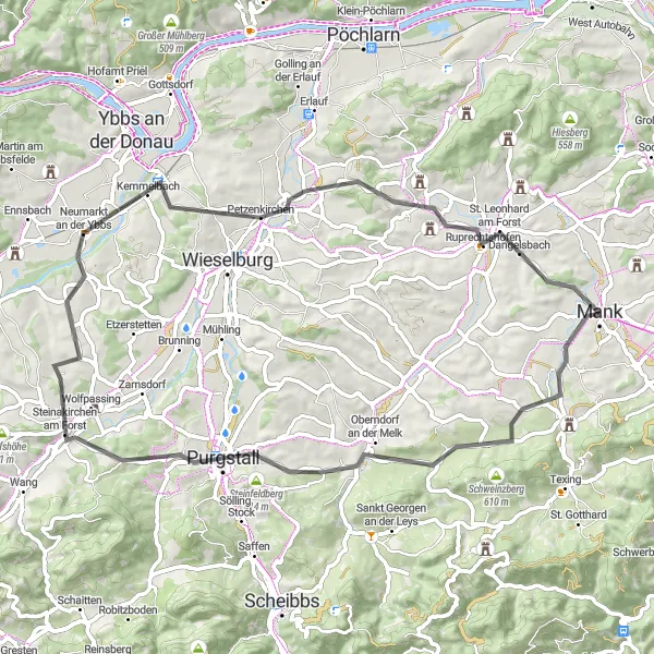 Miniatura della mappa di ispirazione al ciclismo "Avventura ciclistica tra paesaggi austriaci" nella regione di Niederösterreich, Austria. Generata da Tarmacs.app, pianificatore di rotte ciclistiche