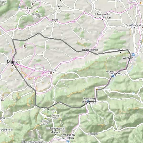 Map miniature of "Tonach - Rabenstein an der Pielach - Umbachkogel - Mank" cycling inspiration in Niederösterreich, Austria. Generated by Tarmacs.app cycling route planner