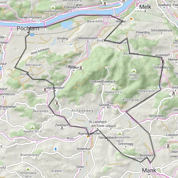 Map miniature of "St. Leonhard am Forst - Eichberg - Pöchlarn - Schallaburg - Mank" cycling inspiration in Niederösterreich, Austria. Generated by Tarmacs.app cycling route planner