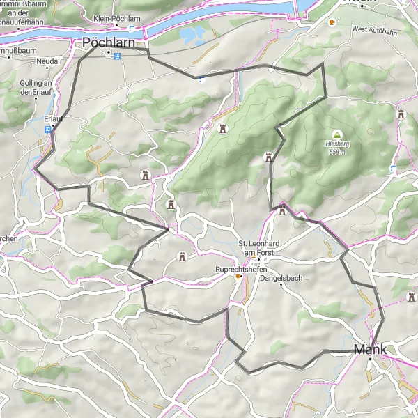 Kartminiatyr av "Strannersdorf til Klein-Pöchlarn via Rainberg og Kogel" sykkelinspirasjon i Niederösterreich, Austria. Generert av Tarmacs.app sykkelrutoplanlegger