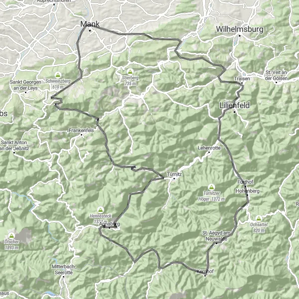 Map miniature of "Mank Road Challenge" cycling inspiration in Niederösterreich, Austria. Generated by Tarmacs.app cycling route planner