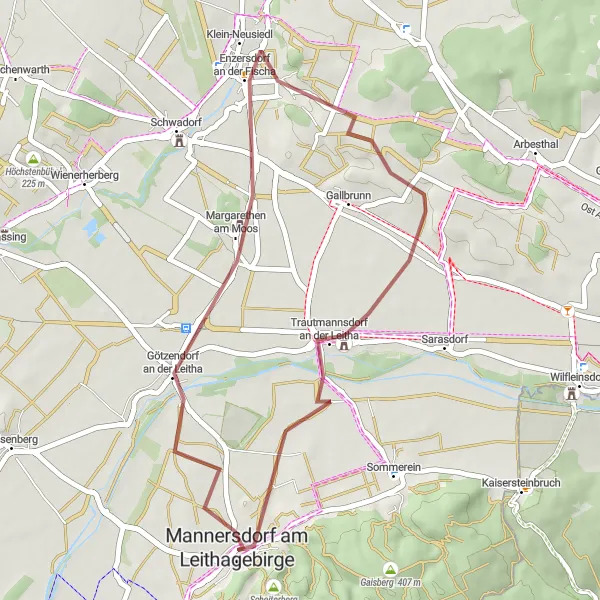 Kartminiatyr av "Mannersdorf am Leithagebirge til Mannersdorf am Leithagebirge via Enzersdorf an der Fischa" sykkelinspirasjon i Niederösterreich, Austria. Generert av Tarmacs.app sykkelrutoplanlegger