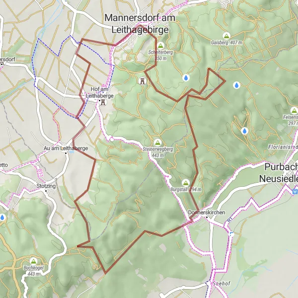 Kartminiatyr av "Gravel Eventyr Loop" sykkelinspirasjon i Niederösterreich, Austria. Generert av Tarmacs.app sykkelrutoplanlegger