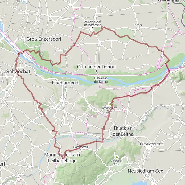 Map miniature of "The Leithagebirge Gravel Adventure" cycling inspiration in Niederösterreich, Austria. Generated by Tarmacs.app cycling route planner