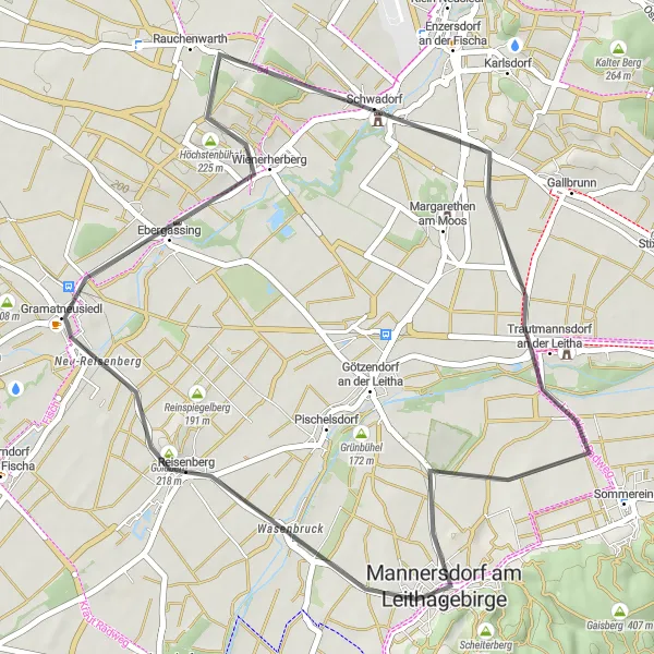 Miniaturní mapa "Okruhová cyklistická trasa z Mannersdorfu am Leithagebirge" inspirace pro cyklisty v oblasti Niederösterreich, Austria. Vytvořeno pomocí plánovače tras Tarmacs.app