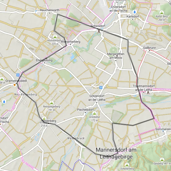 Karten-Miniaturansicht der Radinspiration "Entlang der Leitha: Radfahren auf der Straße" in Niederösterreich, Austria. Erstellt vom Tarmacs.app-Routenplaner für Radtouren