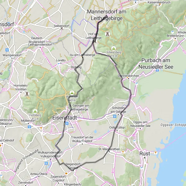 Map miniature of "Leithaberg Loop" cycling inspiration in Niederösterreich, Austria. Generated by Tarmacs.app cycling route planner