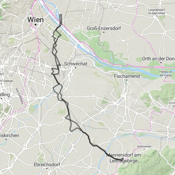 Karten-Miniaturansicht der Radinspiration "Rund um Mannersdorf am Leithagebirge auf der Straße" in Niederösterreich, Austria. Erstellt vom Tarmacs.app-Routenplaner für Radtouren