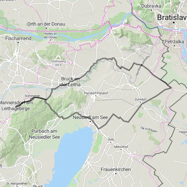 Miniatua del mapa de inspiración ciclista "Ruta de ciclismo por carretera alrededor de Mannersdorf am Leithagebirge" en Niederösterreich, Austria. Generado por Tarmacs.app planificador de rutas ciclistas