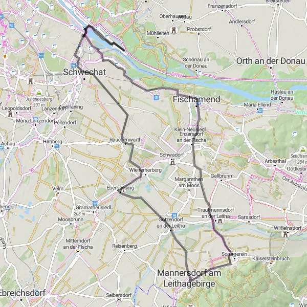 Miniatua del mapa de inspiración ciclista "Ruta Escénica de Mannswörth" en Niederösterreich, Austria. Generado por Tarmacs.app planificador de rutas ciclistas