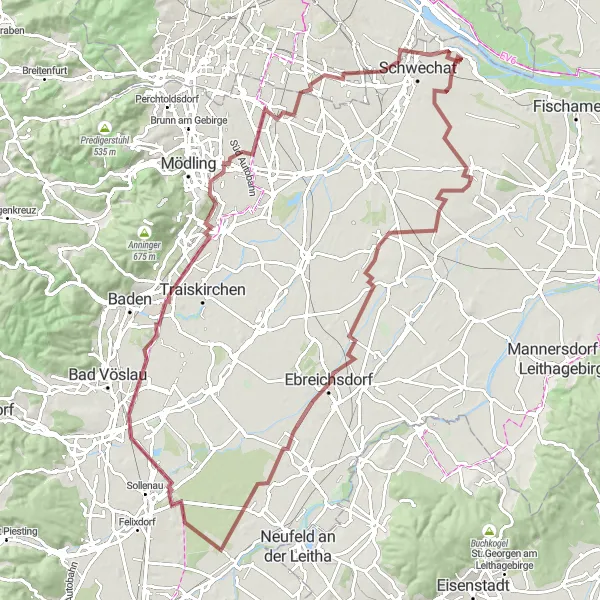 Map miniature of "Rauchenwarth and Wiener Neudorf Gravel Adventure" cycling inspiration in Niederösterreich, Austria. Generated by Tarmacs.app cycling route planner