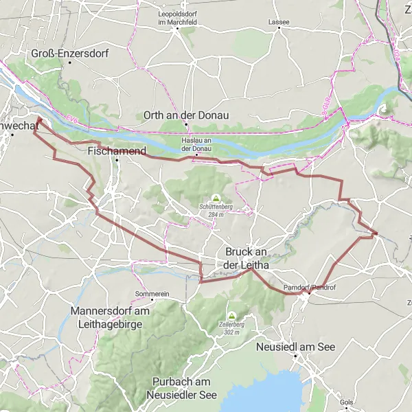 Miniatua del mapa de inspiración ciclista "Ruta Escénica por Scharndorf y Potzneusiedl" en Niederösterreich, Austria. Generado por Tarmacs.app planificador de rutas ciclistas