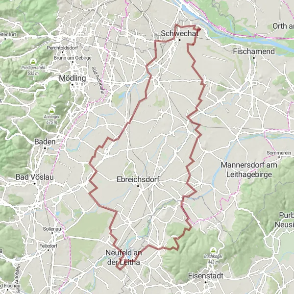 Map miniature of "Rauchenwarth and Oberwaltersdorf Gravel Adventure" cycling inspiration in Niederösterreich, Austria. Generated by Tarmacs.app cycling route planner