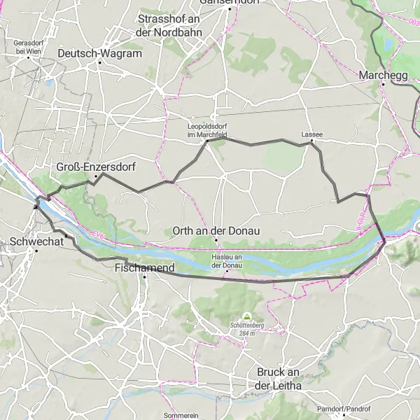 Map miniature of "Groß-Enzersdorf and Mannswörth Classic Road Ride" cycling inspiration in Niederösterreich, Austria. Generated by Tarmacs.app cycling route planner