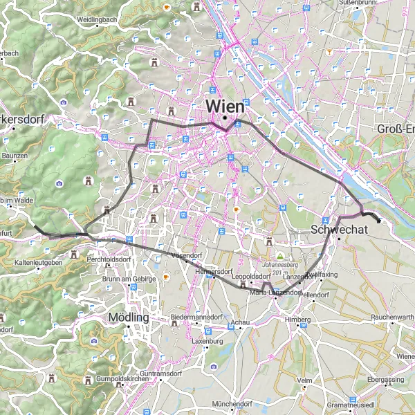 Miniatua del mapa de inspiración ciclista "Ruta Escénica por Vösendorf y Penzing" en Niederösterreich, Austria. Generado por Tarmacs.app planificador de rutas ciclistas