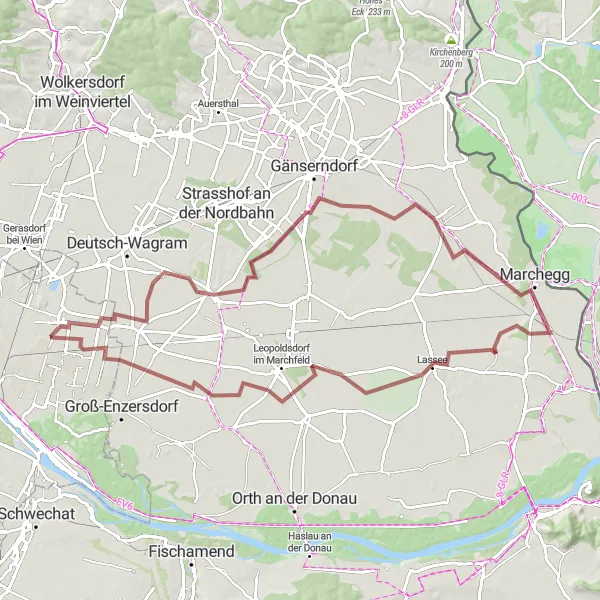 Miniatura della mappa di ispirazione al ciclismo "Giro in bici tra Marchegg e Lassee" nella regione di Niederösterreich, Austria. Generata da Tarmacs.app, pianificatore di rotte ciclistiche