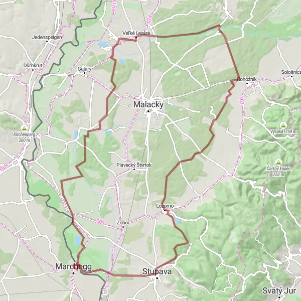 Miniatura della mappa di ispirazione al ciclismo "Avventura in gravel da Marchegg a Vysoká pri Morave" nella regione di Niederösterreich, Austria. Generata da Tarmacs.app, pianificatore di rotte ciclistiche