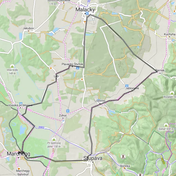 Miniatua del mapa de inspiración ciclista "Ruta por Jelení hrb y Šibeničný vŕšok" en Niederösterreich, Austria. Generado por Tarmacs.app planificador de rutas ciclistas