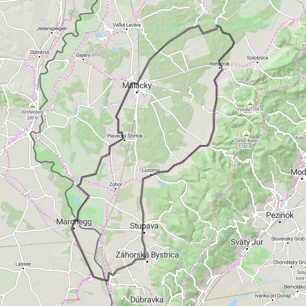 Karten-Miniaturansicht der Radinspiration "Marchegg - Gašparov vŕšok Rundfahrt" in Niederösterreich, Austria. Erstellt vom Tarmacs.app-Routenplaner für Radtouren
