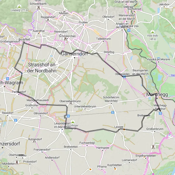Miniatua del mapa de inspiración ciclista "Circuito por Gänserndorf y Markgrafneusiedl" en Niederösterreich, Austria. Generado por Tarmacs.app planificador de rutas ciclistas