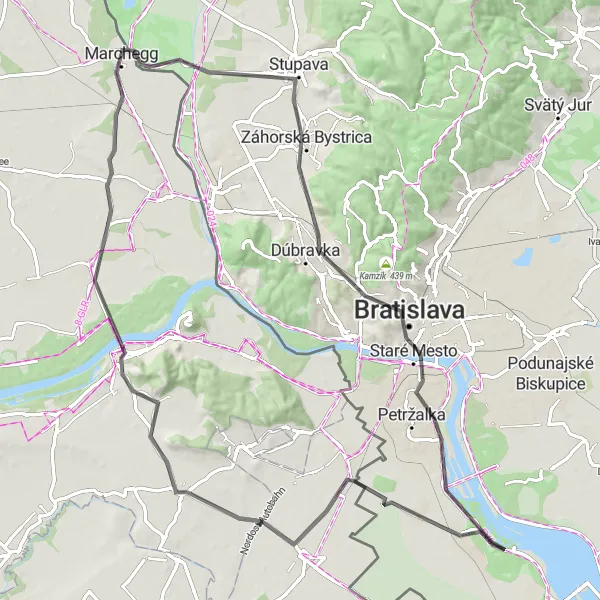 Miniatura della mappa di ispirazione al ciclismo "Tra le bellezze di Bratislava e Vienna in bicicletta" nella regione di Niederösterreich, Austria. Generata da Tarmacs.app, pianificatore di rotte ciclistiche