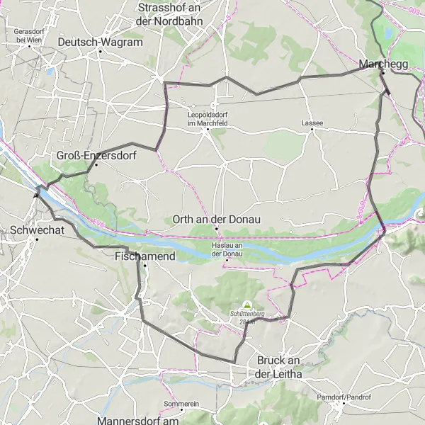 Miniatura della mappa di ispirazione al ciclismo "Giro in bicicletta da Marchegg" nella regione di Niederösterreich, Austria. Generata da Tarmacs.app, pianificatore di rotte ciclistiche