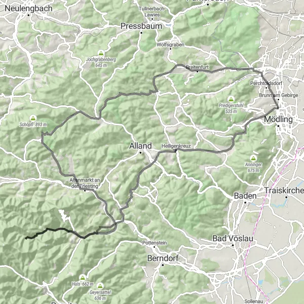 Miniatua del mapa de inspiración ciclista "Ruta panorámica desde Hirschkogel a Maria Enzersdorf" en Niederösterreich, Austria. Generado por Tarmacs.app planificador de rutas ciclistas