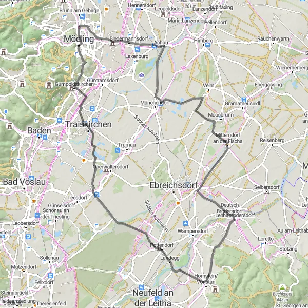 Miniature de la carte de l'inspiration cycliste "Tour sportif à travers les paysages variés de Maria Enzersdorf" dans la Niederösterreich, Austria. Générée par le planificateur d'itinéraire cycliste Tarmacs.app