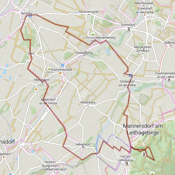 Miniatura della mappa di ispirazione al ciclismo "Giro in Gravel attraverso Maria Lanzendorf" nella regione di Niederösterreich, Austria. Generata da Tarmacs.app, pianificatore di rotte ciclistiche