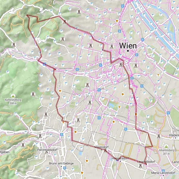 Miniatua del mapa de inspiración ciclista "Recorrido de grava explorando Neuwaldegg y Rooftop Leopold Museum" en Niederösterreich, Austria. Generado por Tarmacs.app planificador de rutas ciclistas