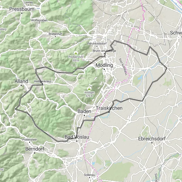 Miniatua del mapa de inspiración ciclista "Ruta Escénica a Heiligenkreuz" en Niederösterreich, Austria. Generado por Tarmacs.app planificador de rutas ciclistas