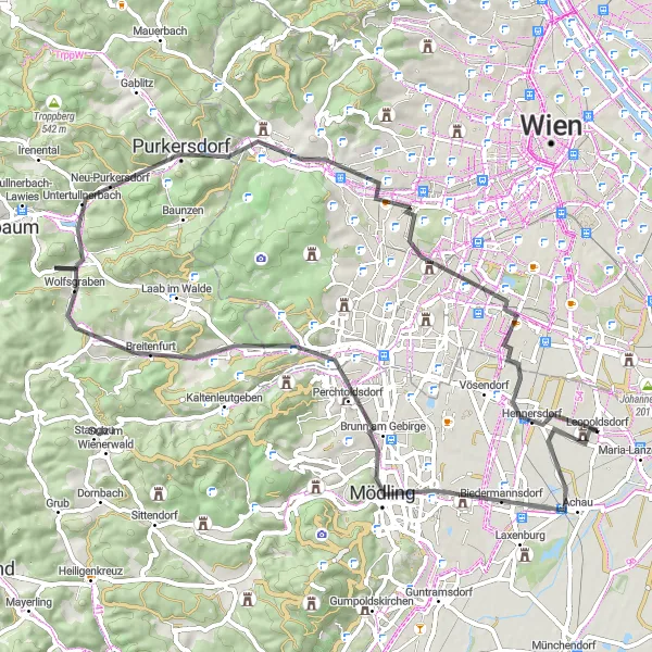 Miniatua del mapa de inspiración ciclista "Ruta desafiante por carretera a través de Mödling y Purkersdorf" en Niederösterreich, Austria. Generado por Tarmacs.app planificador de rutas ciclistas